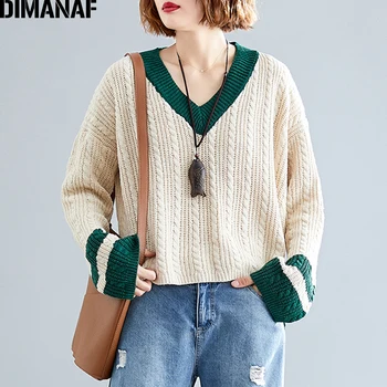 DIMANAF Plus Size Kvinder Sweater Strik Vinter Kvindelige Lady Fashion V-Hals Trøjer Toppe Varm Tyk langærmet Tøj 2019