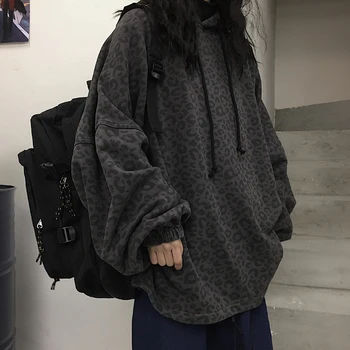 Plus Size Overstørrelse Løs Hætte Leopard Hip Hop Sweatshirt Pullover Hættetrøjer Kvinder 2020 Harajuku Streetwear Punk Top Varm Fleece