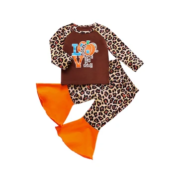 Barn Børn Børn, Pige Tøj Sæt 2020 Thanksgiving Pumpkin Elsker Efteråret langærmet T-shirt Leopard Flare Lange Bukser