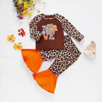 Barn Børn Børn, Pige Tøj Sæt 2020 Thanksgiving Pumpkin Elsker Efteråret langærmet T-shirt Leopard Flare Lange Bukser