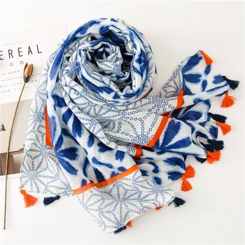 KYQIAO Mode tørklæde kvinder efterår og vinter koreansk stil frisk lange blå blomstret mønster hoved tørklæde sjal wraps