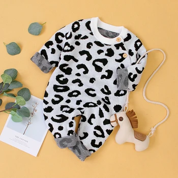 Efterår Og Vinter Nyfødte Tøj Baby Drenge Piger Strik Romper Leopard Print Sweater Jumpsuit Dragt Med Lange Ærmer Børn Samlet