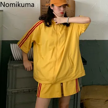 Nomikuma koreansk Stil Træningsdragt Kvinder kortærmet Løse Toppe Høj Talje Shorts Casual Mode Sweatsuit Dame 2 delt Sæt 3b107