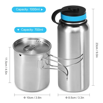 1000ml Rustfrit Stål Vakuum Isoleret vandflaske med 700 ml Vand Cup Hængende Puljen til Udendørs Overlevelse Camping Vandring