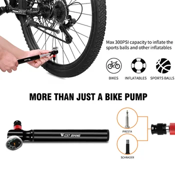 WEST BIKING Cykel Gaffel Pumpe højtryks Pumpe Med en Akselafstand MTB Road Cykel Luft-Inflator Aluminium Legering Cykling Hånd Pumpe 300PSI