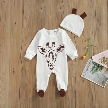 2020 Nye 0-6M Spædbarn Baby Pige Dreng Foråret Giraf Print Sæt 2stk Lange Ærmer Footie+Gevirer fælles Landbrugspolitik, Kaffe/Hvid Nyfødte Outfit