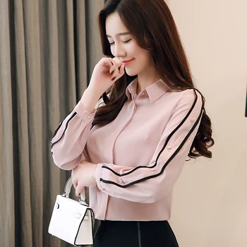 Efteråret Shirts Kvinder Nye Chiffon Bluse Med Lange Ærmer Korean Style Arbejde Bære Langærmet Slim Fit Kvinder Top Pink Blusas 1354 45