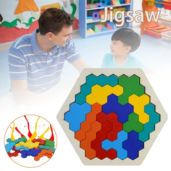 Puslespil Toy Farverige IQ-Spil Kids Voksne Montessori Uddannelse Træ-Sekskant Lære Geometri Gave Tangram Form Hjerne Teaser 4228