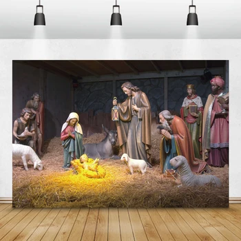 Laeacco Jul Baggrunde Krybbespil Jesus Fødsel Anses Angel Ko Hest Fotografering Baggrunde Nyfødte Baby Photophone
