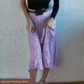 Nye Ankomst Kvinder Mode Ankel-længde Lang Plisseret Nederdel Dame Forår Sommer Vintage Højde Violet Talje Nederdel leopard print