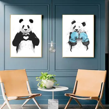 Cartoon Animal Home Decor Nordiske Lærred Maleri Væg Kunst Print Søde Panda Plakat Stue Minimalistisk Sort Hvid Blå Pic 4320