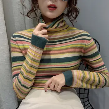 Efteråret og Vinteren 2020 ny Stribe turtleneck sweater kvinder med udenlandsk udseende tynde pile-hals strik strik jakke-lange ærmer