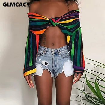 Kvinder Casual Farve Blok Rainbow Sexet Turn Down Krave Stribet Tropiske Night Club, Holiday Beach Fashion Shirt Kjoler 4459