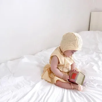 2020 Japansk koreansk Foråret Og Sommeren Nye Produkter Baby Bomuld Ærmeløs Lace-up One-piece Sparkedragt med Hat