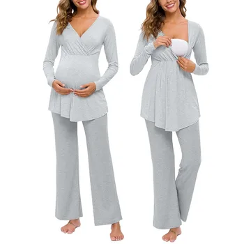 Pyjamas Barsel Tøj для беременных Barsel Pyjamas Mode Solid langærmet Sygepleje T-shirt Tops+Bukser, Pyjamas Sæt Kulør