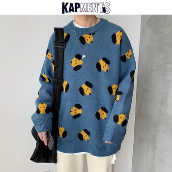 KAPMENTS Mænd Cartoon Hund Vinter Strikkede Sweater 2020 Pullover Herre Japansk Streetwear Uld Sweater Harajuku Mandlige Blå Trøjer 4554