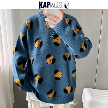 KAPMENTS Mænd Cartoon Hund Vinter Strikkede Sweater 2020 Pullover Herre Japansk Streetwear Uld Sweater Harajuku Mandlige Blå Trøjer