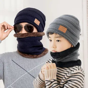 Forældre-barn-hat, tørklæde to stykke vinteren holde strikket uld Huer mænd Skull cap kid Plys tykkere udendørs coldproof cykling 45894
