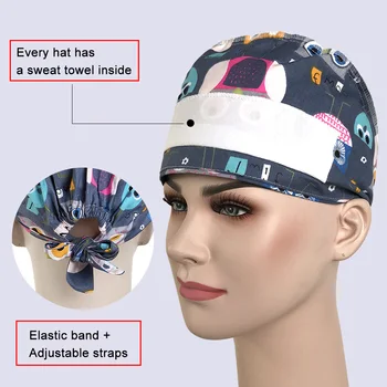 Engros new høj kvalitet bomuld tegnefilm print justerbar krat hat skønhedssalon, spa-cap læge kirurgisk caps tilpasning