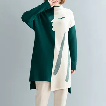 Antal LuLu Koreanske Luksus Mærke 2020 Vinter Damer Lange Trøjer Dame Vintage Trykt Strikkede Trøjer Varm Rullekrave Tøj
