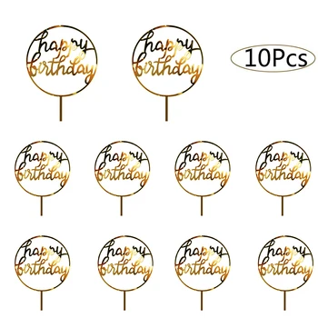 10stk/taske Dessert Stampning Part Kage Udsmykning Værktøjer Guld Akryl Happy Birthday Cake Topper Børn Favoriserer Party Dekorationer