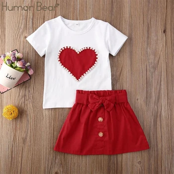 Humor Bære 2021 Baby Sommer Tøj Spædbarn Barn Valentine Tøj Perler Hjerte Top-Shirt, Nederdel Sæt 2stk lille dreng, Pige Tøj 4894