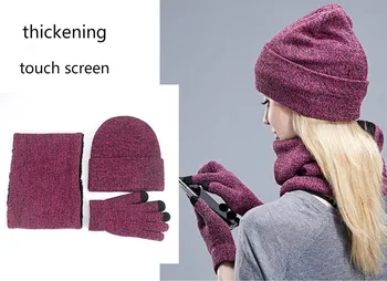 Mænd kvinder plus velvet tre-stykke varm passer til vinter hat, tørklæde touch screen handsker, hue og halstørklæde sæt til kvinder dreng hat handske sæt