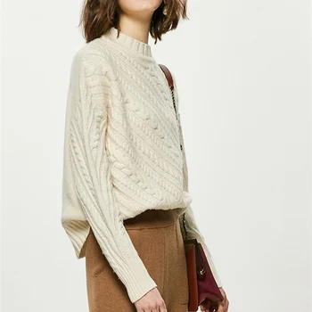 Høj krave stilfulde løs sweater blød uld strik løs dovne twist sweater 5071