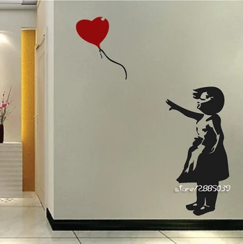 Wall Stickers Hjem Indretning Pige med Røde Hjerte Ballon, Street, Graffiti Vinyl Kunst Decal DIY selvklæbende Tapet Vægmaleri SA777
