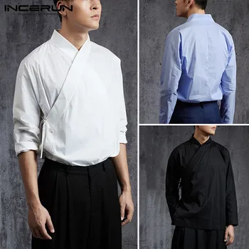 INCERUN Mænd Vintage-Shirt ensfarvet langærmet Lace Up Hanfu Elegante Stå Krave Kinesisk Stil Mandlige Shirts, Retro Bluse 5XL 5130