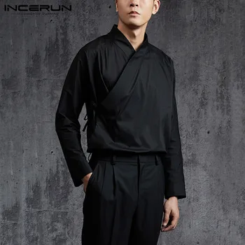 INCERUN Mænd Vintage-Shirt ensfarvet langærmet Lace Up Hanfu Elegante Stå Krave Kinesisk Stil Mandlige Shirts, Retro Bluse 5XL