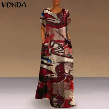 2021 Kvinder Vintage Trykt Kjole Boheme Patchwork Kjole VONDA Efteråret Afslappet Sundress Løse Korte Ærmer Kjoler Mode Robe