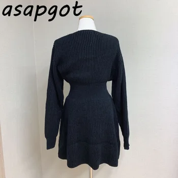 Smarte Koreanske Slank Efterår Og Vinter Solid Vintage Brun V Neck Knitted Dress Mini Lady Fashion Afslappet Sort Sweater Kjole Vestidos