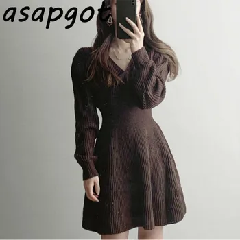 Smarte Koreanske Slank Efterår Og Vinter Solid Vintage Brun V Neck Knitted Dress Mini Lady Fashion Afslappet Sort Sweater Kjole Vestidos