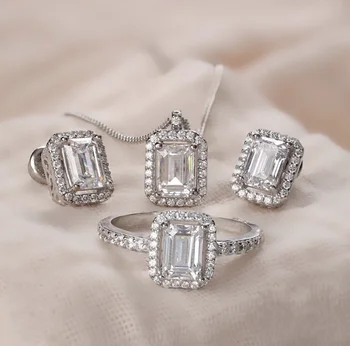 Luksus 925 Sterling Sølv med Smaragd cut Simuleret Diamant smykker sæt til Kvinder Bryllup Brude julefrokost gave engros