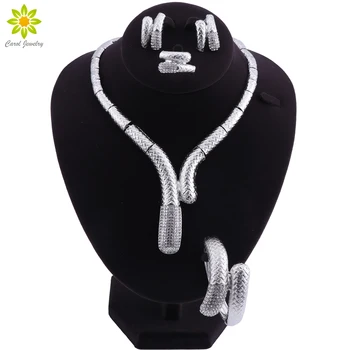 Afrikanske Dubai Brude Smykker Sæt Til Kvinder Bryllup Krystal Sølv Forgyldt Halskæde Øreringe Sæt Kostume Mode Smykker