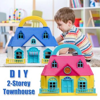 Nye Ankomst Aftagelig håndholdt DIY-2-Etagers Rækkehus Play House Dukkehus Barn Barn Toy 5226