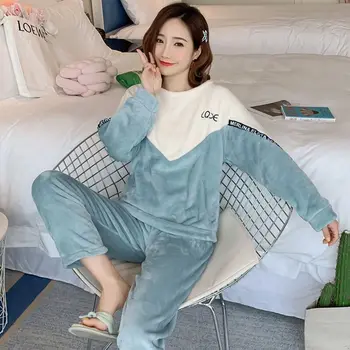 Pyjamas kvinders langærmet efteråret og vinteren coral Plys fortykket koreanske version dejlige studerende flannel hjem sæt