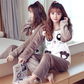 Pyjamas kvinders langærmet efteråret og vinteren coral Plys fortykket koreanske version dejlige studerende flannel hjem sæt