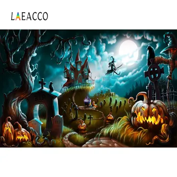Laeacco Halloween Baggrunde Fotografering Slot Grav Græskar Witch Part Tegnefilm Barn Foto Baggrund Photocall Foto Studio
