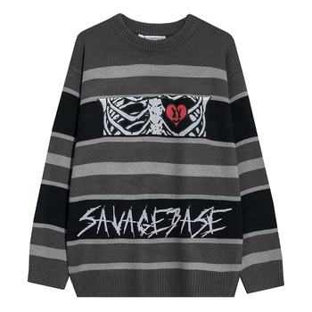 Aolamegs Sweater Mænd Horror Knogle Stribet Print Pullover Streetwear Mænd Harajuku Hip Hop High Street Fashion Til Mænd Tøj Efterår 5401