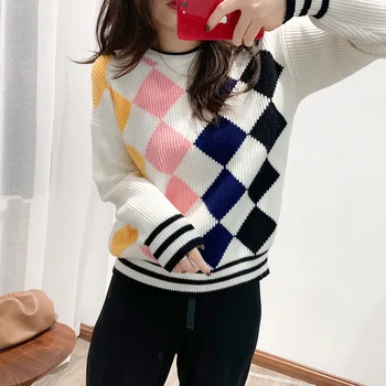 Kvinder Sweater Mode Farve Argyle Lange Ærmer O-Hals Fall Winter 2021 Koreanere, Varm, Afslappet Kvindelige Pullover C-324