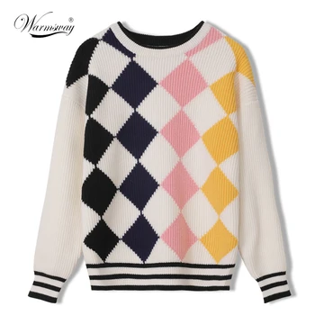 Kvinder Sweater Mode Farve Argyle Lange Ærmer O-Hals Fall Winter 2021 Koreanere, Varm, Afslappet Kvindelige Pullover C-324