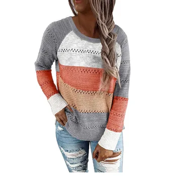 5XL Plus Size 2020 Kvinder Patchwork Strikkede Trøjer Efterår og Vinter med Lange Ærmer Casual Løs Pullovere Toppe Sweater Mode Damer