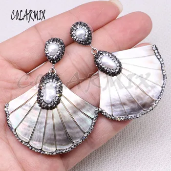 5 Par Grå shell øreringe Fan form med pearl Fan shell sten øreringe i vintage øreringe hvid perle gave til kvinder 4442