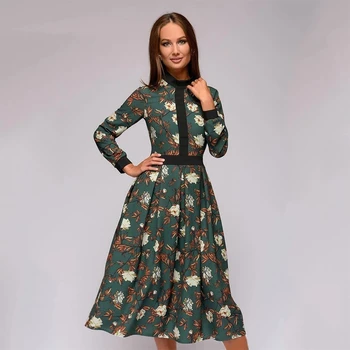 Patchwork Udskrivning Kvinder A-line Kjole i Vintage Stil Vestidos for Kvindelige Casual Bunden Lang Kjole I 2019, Sommer, Efterår