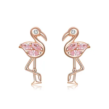 BISAER Flamingoer Øreringe af 925 Sterling Sølv Tropiske Flamingoer Stud Øreringe til Kvinder Pink Sølv Smykker Zircon EFE120