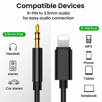 LLANO AUX Audio Kabel, 8 Pin Til 3,5 mm Jack Højttaler Kable Til iPhone 12 Bil Hovedtelefoner Headset Aux Audio Converter Jack Ledning