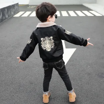 Børnetøj 2020 Nye Vinter Drenge Mode Plys Revers Tiger Hoved Printnig Korte Læder Jakker, Overtøj Børne Tøj