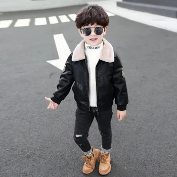 Børnetøj 2020 Nye Vinter Drenge Mode Plys Revers Tiger Hoved Printnig Korte Læder Jakker, Overtøj Børne Tøj